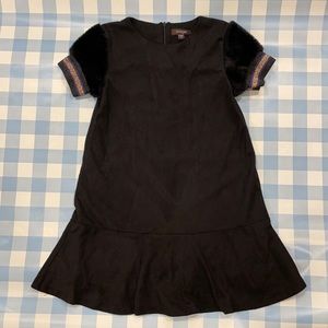 Imoga Faux suede, faux fur cap sleeve, black with navy blue & gold detail dress.